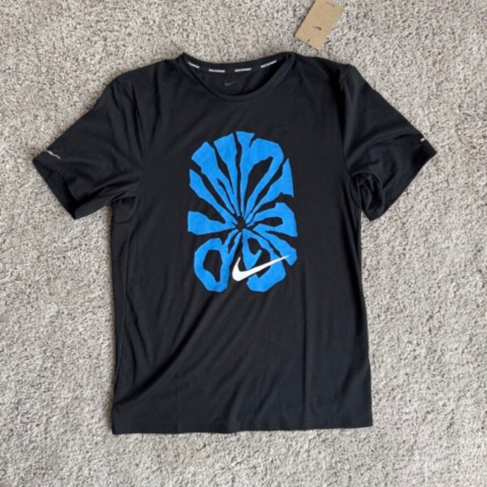 Nike Black Short Sleeve Tee with Blue Graphic and White Swoosh